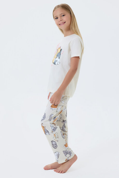 Rolypoly Kız Çocuk Bisiklet Yaka Baskılı Yazlık Regular Fit Krem Pijama Takımı RP3774-C-V1 - 3