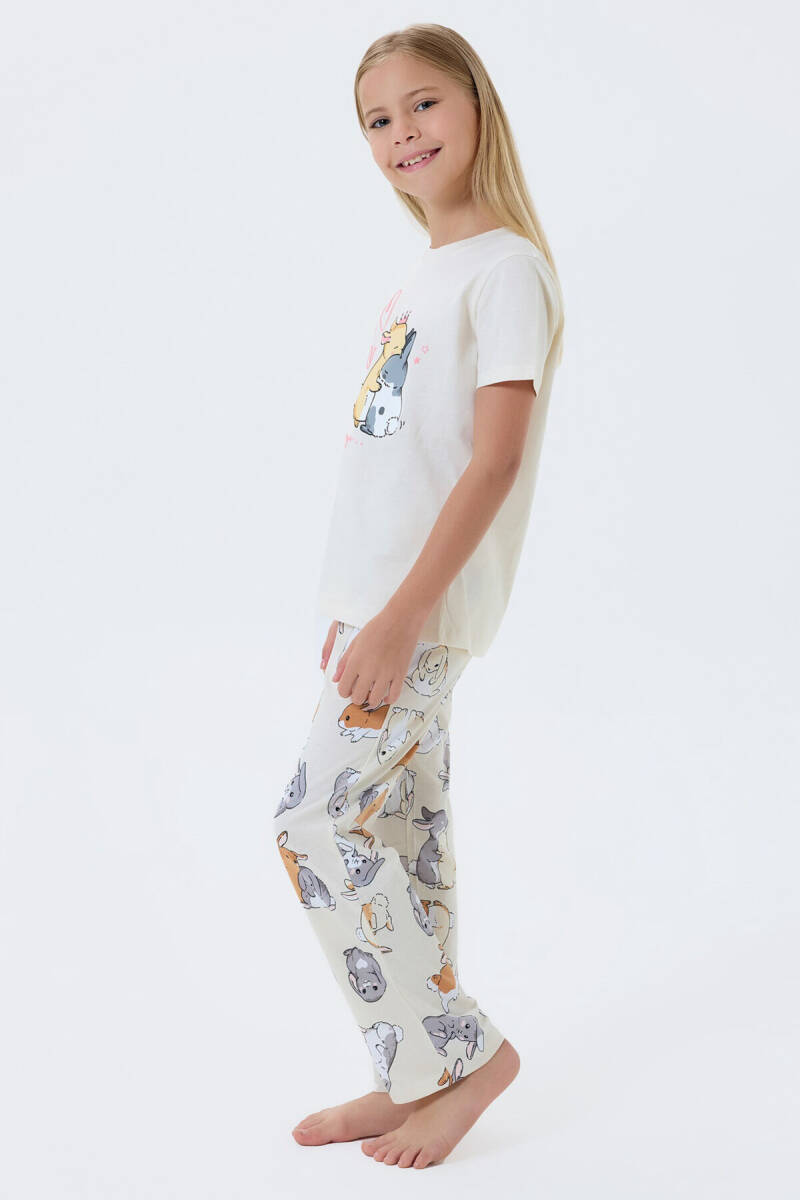 Rolypoly Kız Çocuk Bisiklet Yaka Baskılı Yazlık Regular Fit Krem Pijama Takımı RP3774-C-V1 - 3