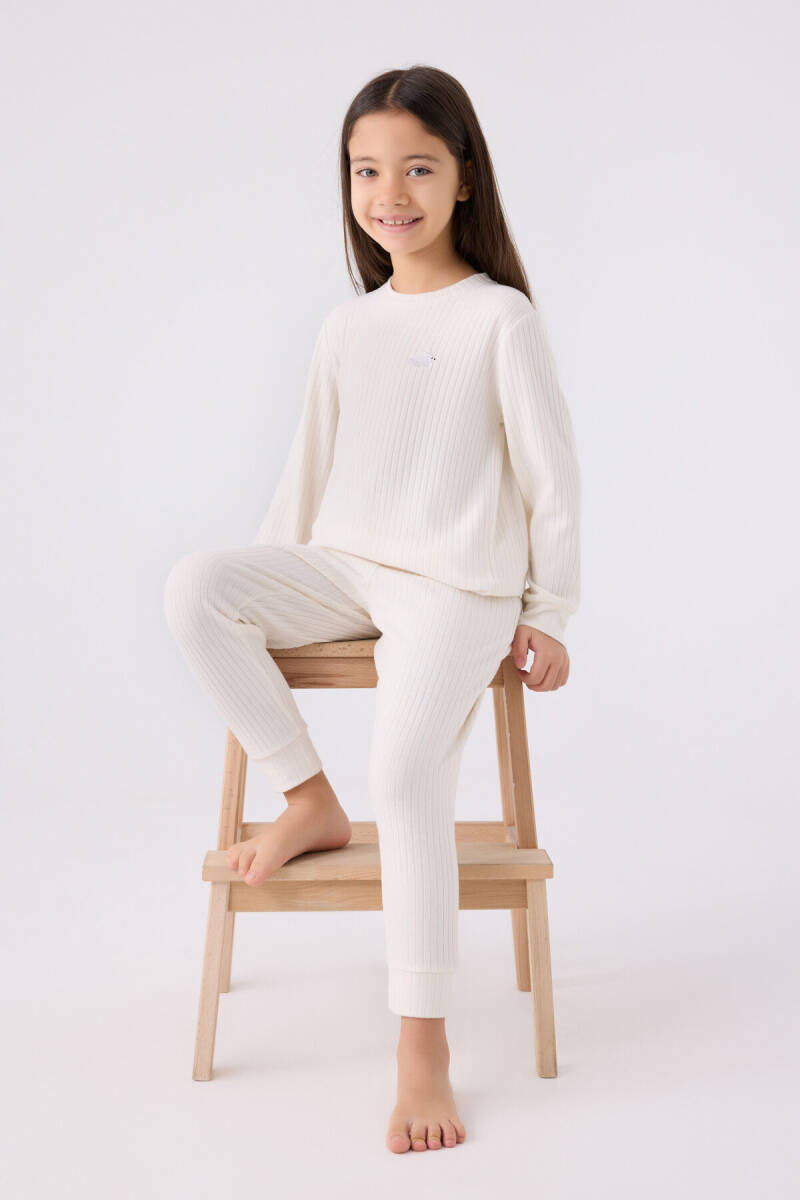 Rolypoly Kız Çocuk Bisiklet Yaka Pigment Baskılı Kışlık Regular Fit Beyaz Pijama Takımı RP3464-C-V2 - 3
