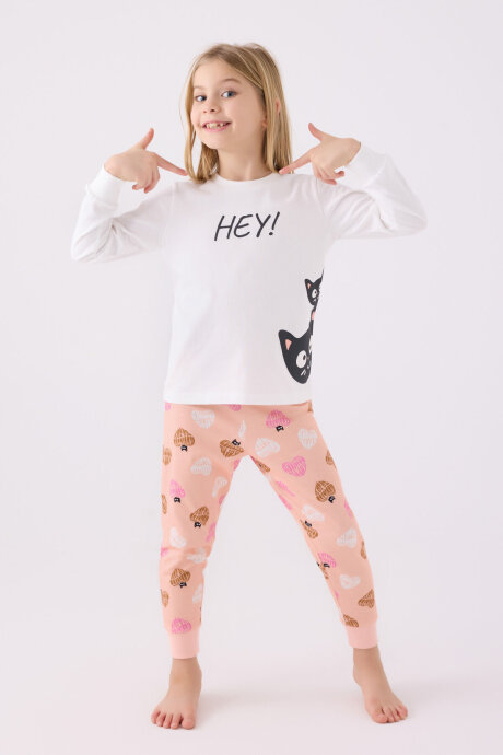 Rolypoly Kız Çocuk Bisiklet Yaka Pigment Baskılı Kışlık Regular Fit Beyaz Pijama Takımı RP3466-C-V1