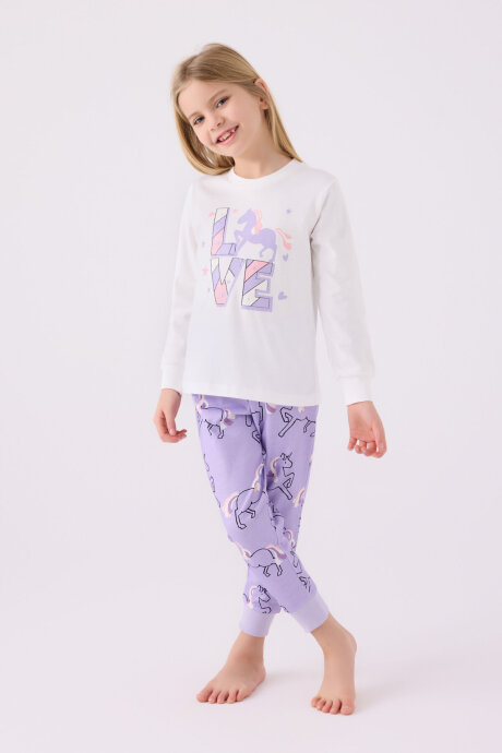 Rolypoly Kız Çocuk Pamuklu Bisiklet Yaka Pigment Baskılı Kışlık Regular Fit Beyaz Pijama Takımı RP3476-C-V2 - 1