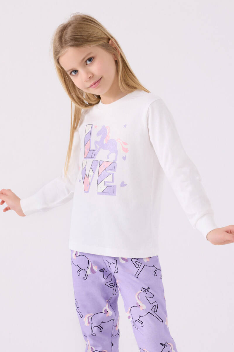 Rolypoly Kız Çocuk Pamuklu Bisiklet Yaka Pigment Baskılı Kışlık Regular Fit Beyaz Pijama Takımı RP3476-C-V2 - 2