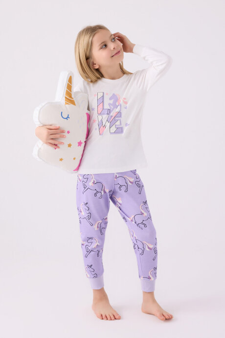 Rolypoly Kız Çocuk Pamuklu Bisiklet Yaka Pigment Baskılı Kışlık Regular Fit Beyaz Pijama Takımı RP3476-C-V2 - 3
