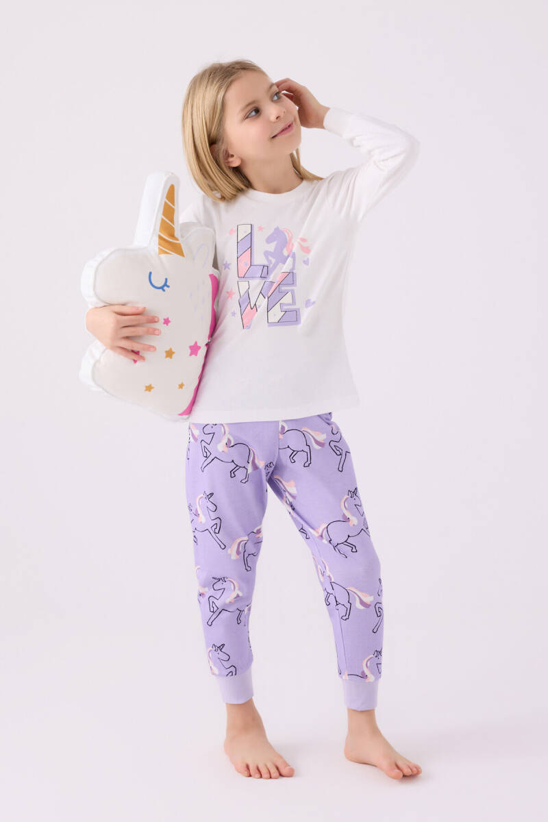 Rolypoly Kız Çocuk Pamuklu Bisiklet Yaka Pigment Baskılı Kışlık Regular Fit Beyaz Pijama Takımı RP3476-C-V2 - 3