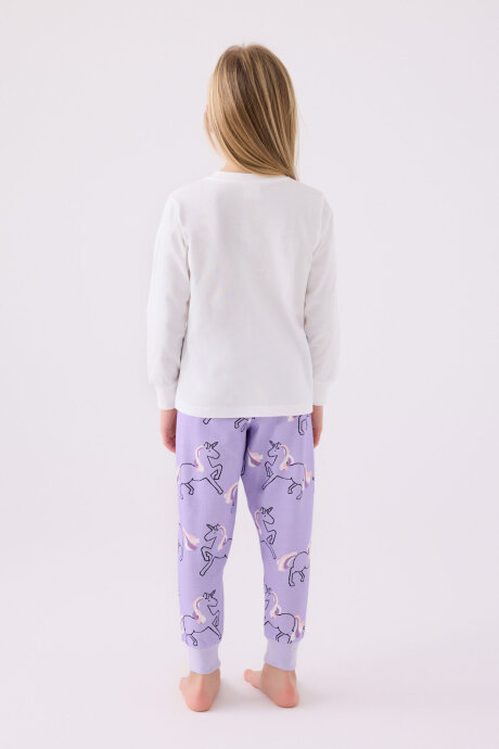 Rolypoly Kız Çocuk Pamuklu Bisiklet Yaka Pigment Baskılı Kışlık Regular Fit Beyaz Pijama Takımı RP3476-C-V2 - 5
