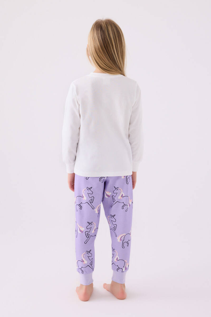 Rolypoly Kız Çocuk Pamuklu Bisiklet Yaka Pigment Baskılı Kışlık Regular Fit Beyaz Pijama Takımı RP3476-C-V2 - 5