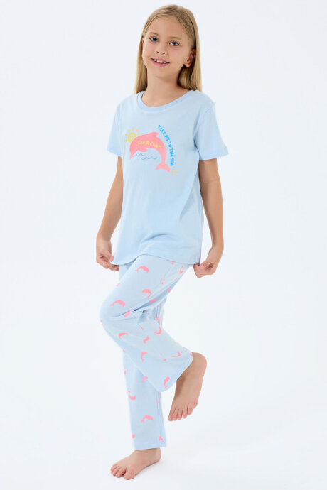 Rolypoly Kız Çocuk Bisiklet Yaka Baskılı Yazlık Regular Fit Mavi Pijama Takımı RP3792-C-V1