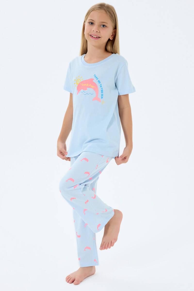 Rolypoly Kız Çocuk Bisiklet Yaka Baskılı Yazlık Regular Fit Mavi Pijama Takımı RP3792-C-V1 - 1