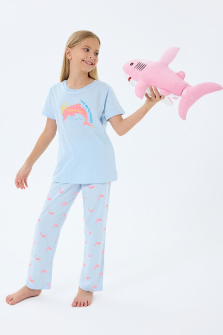 Rolypoly Kız Çocuk Bisiklet Yaka Baskılı Yazlık Regular Fit Mavi Pijama Takımı RP3792-C-V1 (1)
