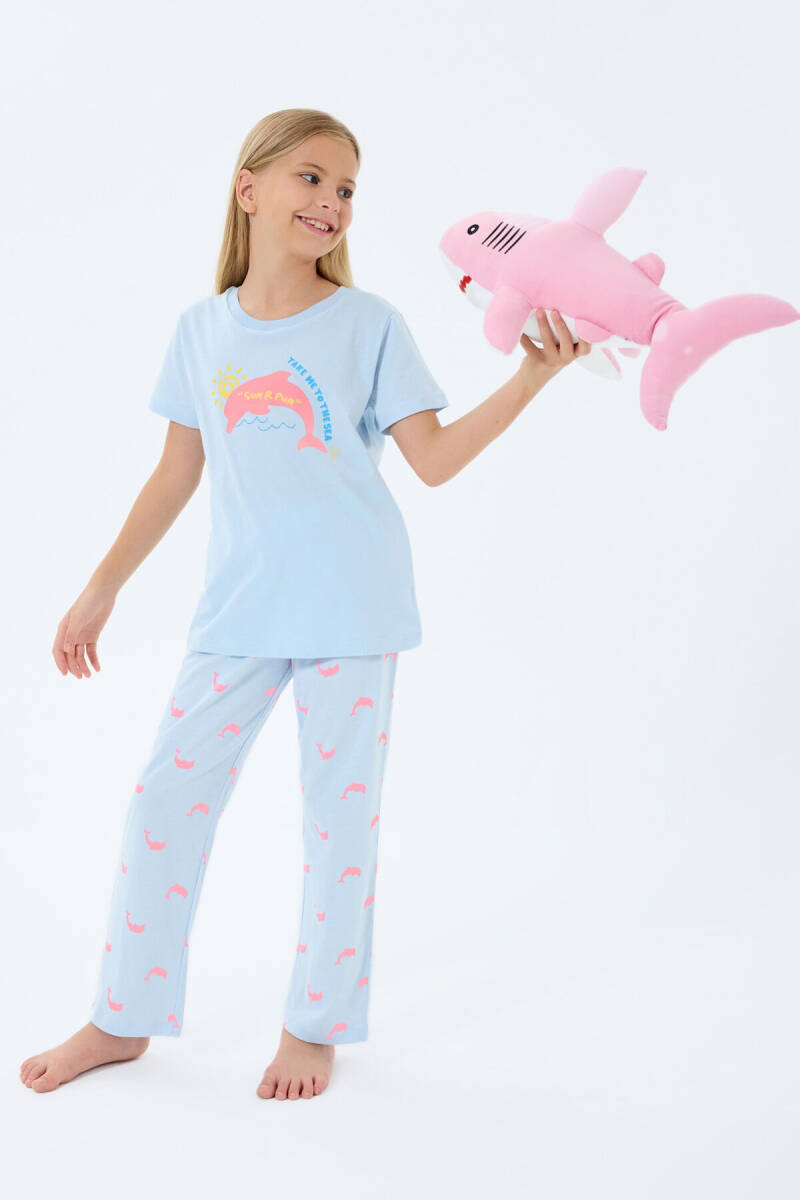Rolypoly Kız Çocuk Bisiklet Yaka Baskılı Yazlık Regular Fit Mavi Pijama Takımı RP3792-C-V1 - 2