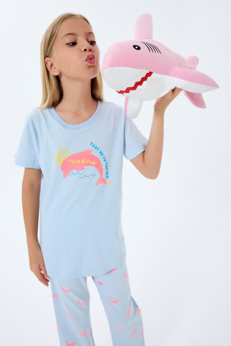 Rolypoly Kız Çocuk Bisiklet Yaka Baskılı Yazlık Regular Fit Mavi Pijama Takımı RP3792-C-V1 - 5