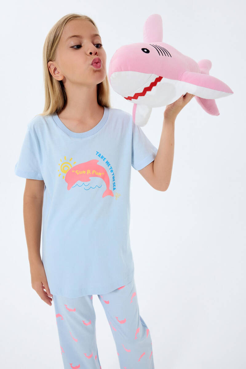 Rolypoly Kız Çocuk Bisiklet Yaka Baskılı Yazlık Regular Fit Mavi Pijama Takımı RP3792-C-V1 - 5