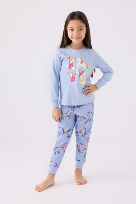 Rolypoly Kız Çocuk Pamuklu Bisiklet Yaka Pigment Baskılı Kışlık Regular Fit Mavi Pijama Takımı RP3476-C-V1 