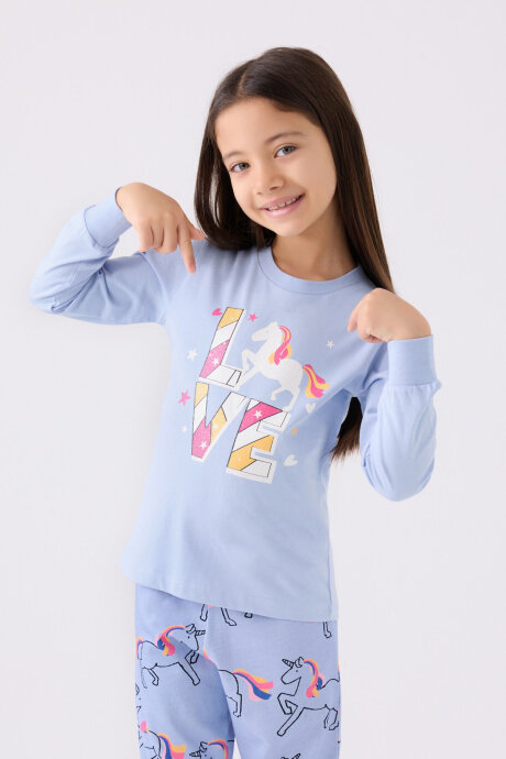 Rolypoly Kız Çocuk Pamuklu Bisiklet Yaka Pigment Baskılı Kışlık Regular Fit Mavi Pijama Takımı RP3476-C-V1 - 2