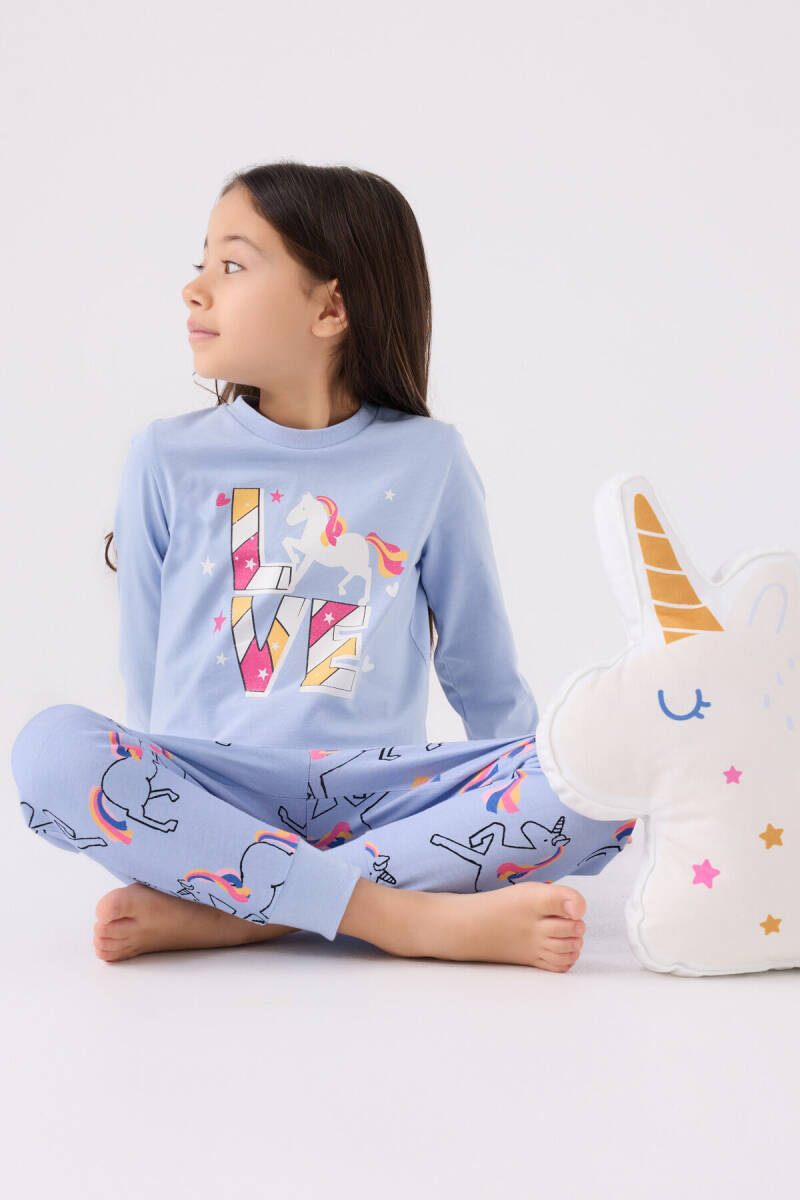 Rolypoly Kız Çocuk Pamuklu Bisiklet Yaka Pigment Baskılı Kışlık Regular Fit Mavi Pijama Takımı RP3476-C-V1 - 3