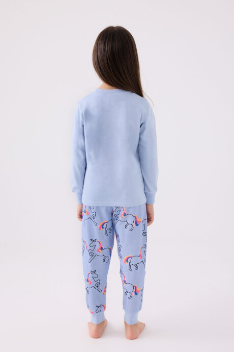 Rolypoly Kız Çocuk Pamuklu Bisiklet Yaka Pigment Baskılı Kışlık Regular Fit Mavi Pijama Takımı RP3476-C-V1 - 5