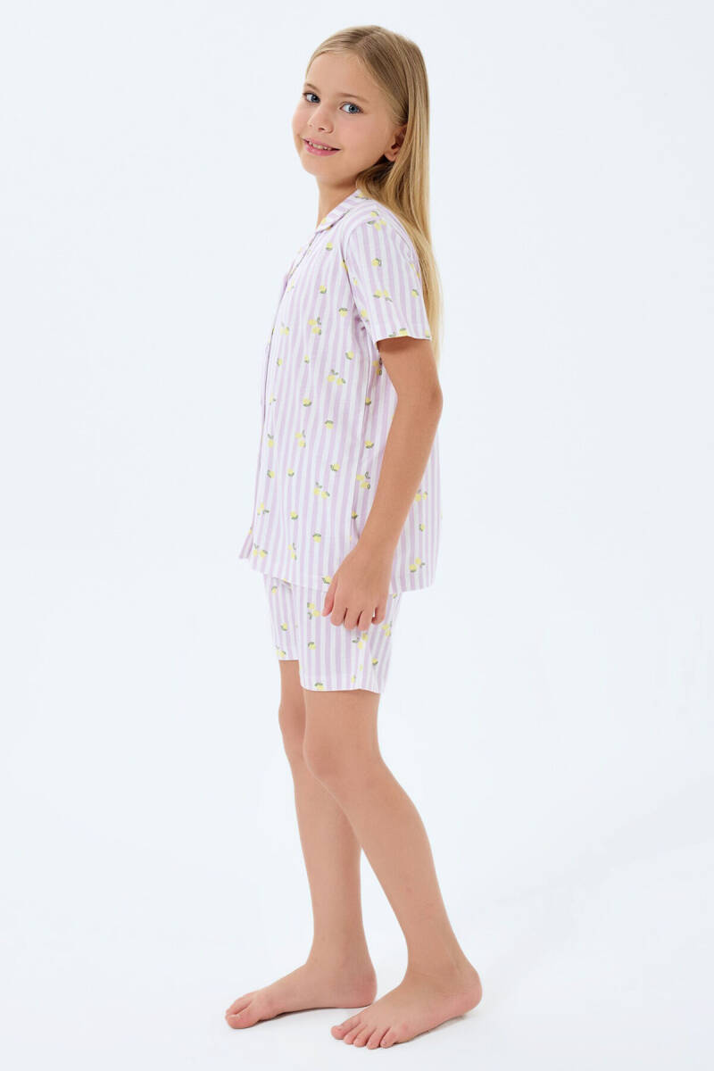 Rolypoly Kız Çocuk %100 Pamuk Gömlek Yaka Baskılı Yazlık Regular Fit Mor Pijama Takımı RP3778-C-V1 - 2