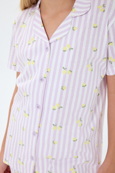 Rolypoly Kız Çocuk %100 Pamuk Gömlek Yaka Baskılı Yazlık Regular Fit Mor Pijama Takımı RP3778-C-V1 - 3