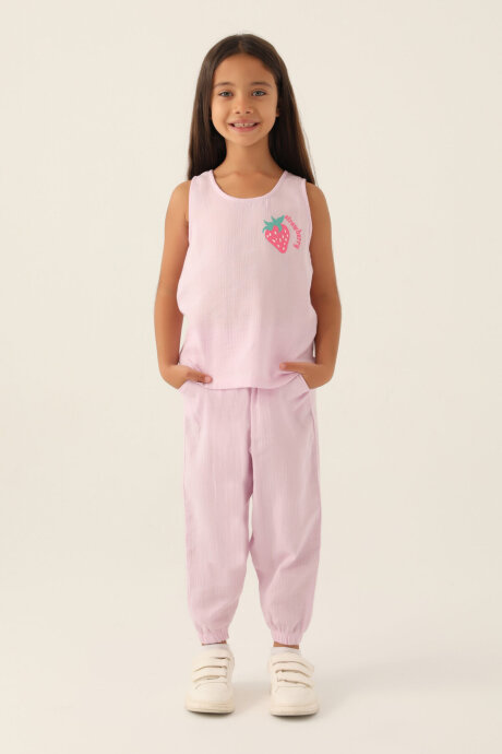 Rolypoly Kız Çocuk Pamuklu Bisiklet Yaka Pigment Baskılı Yazlık Regular Fit Mor Pijama Takımı RP3412-C-V1 - 1