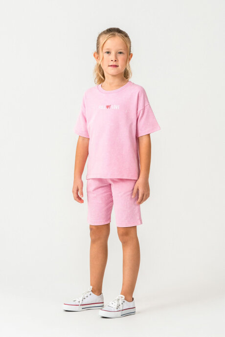 Rolypoly Kız Çocuk %100 Pamuk Bisiklet Yaka Baskılı Yazlık Regular Fit Pembe Bermuda Takım RP3802-C-V3 - 2