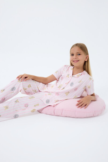 Rolypoly Kız Çocuk %100 Pamuk Gömlek Yaka Baskılı Yazlık Relaxed Fit Pembe Pijama Takımı RP3809-C-V1