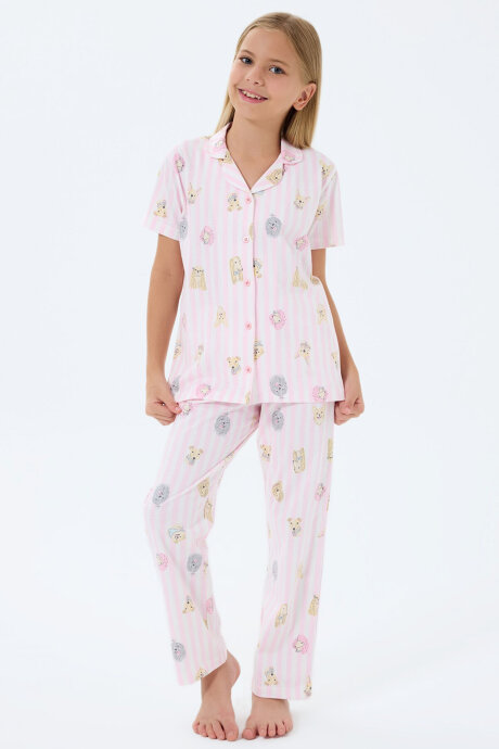 Rolypoly Kız Çocuk %100 Pamuk Gömlek Yaka Baskılı Yazlık Relaxed Fit Pembe Pijama Takımı RP3809-C-V1 (1)