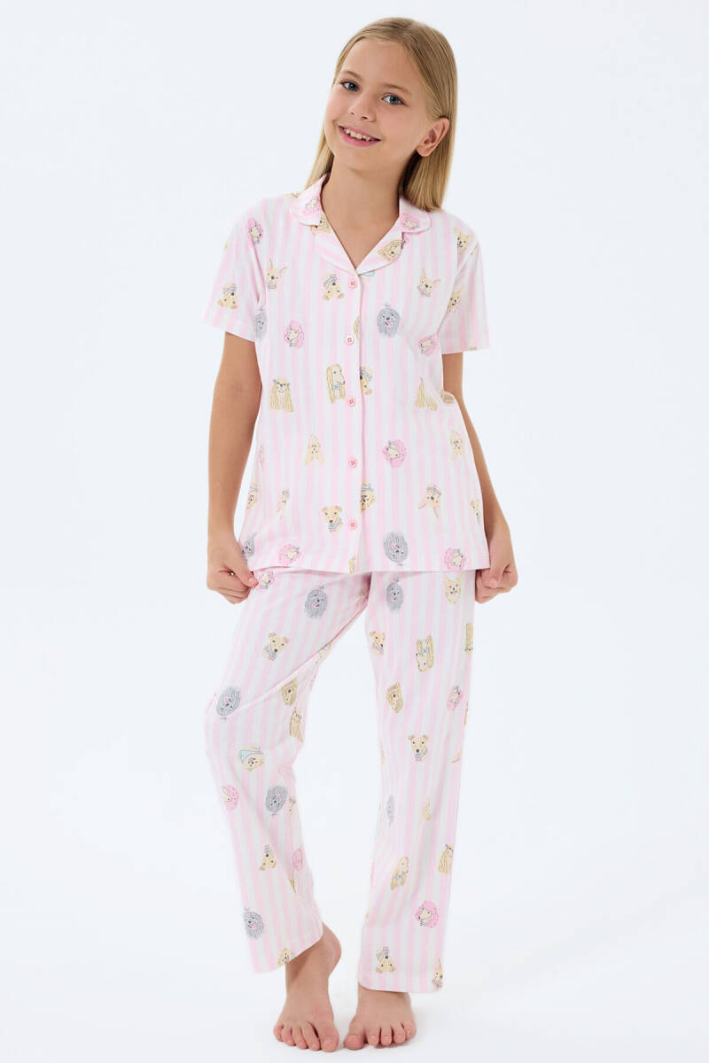 Rolypoly Kız Çocuk %100 Pamuk Gömlek Yaka Baskılı Yazlık Relaxed Fit Pembe Pijama Takımı RP3809-C-V1 - 2