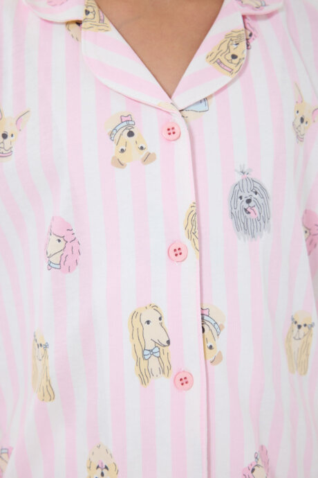 Rolypoly Kız Çocuk %100 Pamuk Gömlek Yaka Baskılı Yazlık Relaxed Fit Pembe Pijama Takımı RP3809-C-V1 - 3