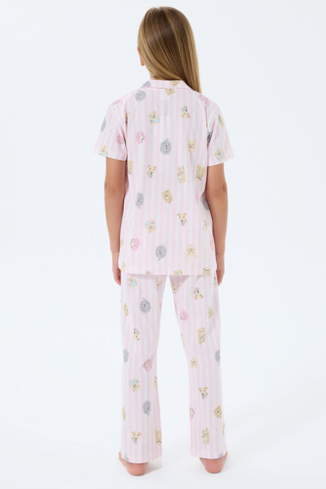 Rolypoly Kız Çocuk %100 Pamuk Gömlek Yaka Baskılı Yazlık Relaxed Fit Pembe Pijama Takımı RP3809-C-V1 - 4