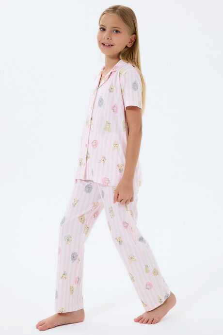 Rolypoly Kız Çocuk %100 Pamuk Gömlek Yaka Baskılı Yazlık Relaxed Fit Pembe Pijama Takımı RP3809-C-V1 - 5