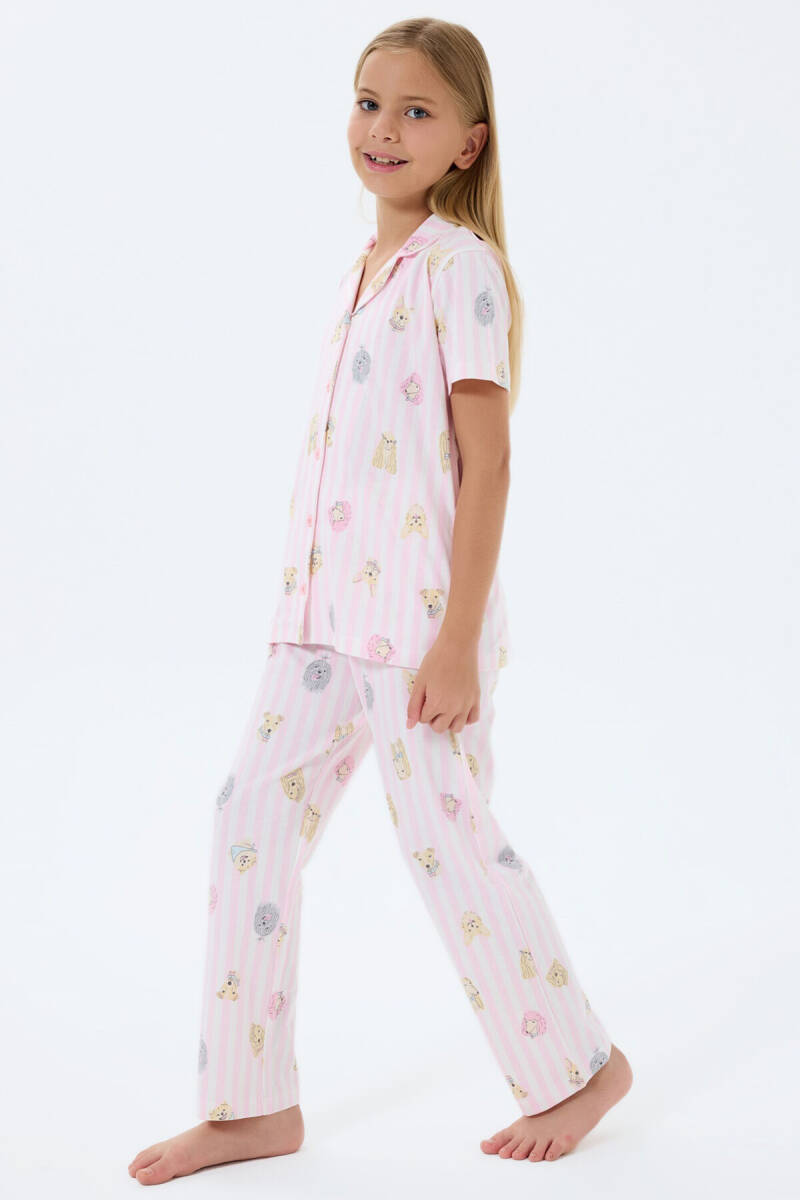 Rolypoly Kız Çocuk %100 Pamuk Gömlek Yaka Baskılı Yazlık Relaxed Fit Pembe Pijama Takımı RP3809-C-V1 - 5