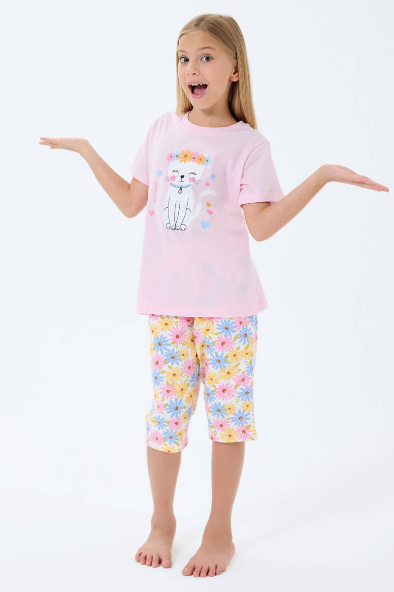 Rolypoly Kız Çocuk %100 Pamuk Bisiklet Yaka Baskılı Yazlık Regular Fit Pembe Kapri Takım RP3783-C-V1 - 2