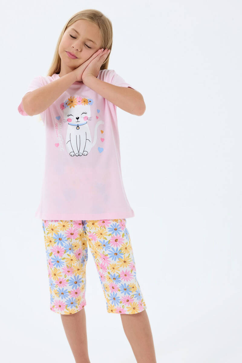 Rolypoly Kız Çocuk %100 Pamuk Bisiklet Yaka Baskılı Yazlık Regular Fit Pembe Kapri Takım RP3783-C-V1 - 5