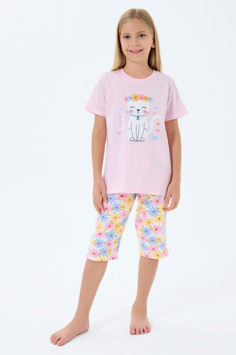 Rolypoly Kız Çocuk %100 Pamuk Bisiklet Yaka Baskılı Yazlık Regular Fit Pembe Kapri Takım RP3783-C-V1 - 1