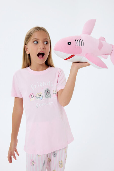 Rolypoly Kız Çocuk Bisiklet Yaka Baskılı Yazlık Regular Fit Pembe Pijama Takımı RP3810-C-V1 - 5