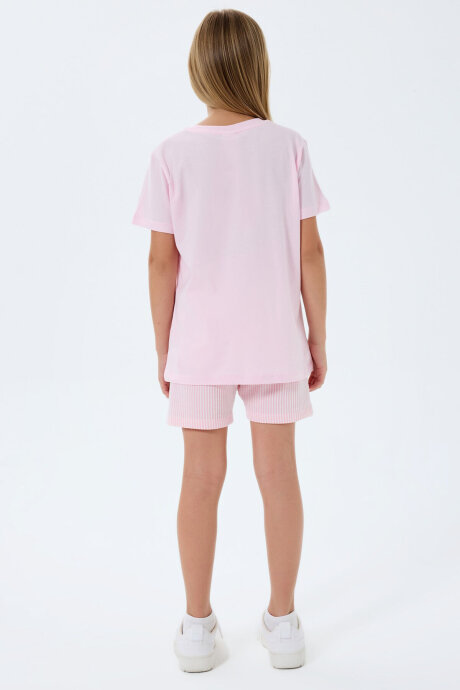 Rolypoly Kız Çocuk %100 Pamuk Bisiklet Yaka Baskılı Yazlık Regular Fit Pembe Şort Takım RP3795-C-V1 - 4