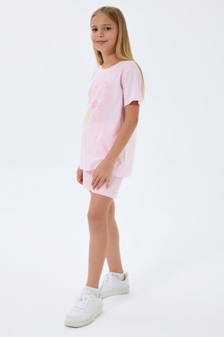 Rolypoly Kız Çocuk %100 Pamuk Bisiklet Yaka Baskılı Yazlık Regular Fit Pembe Şort Takım RP3795-C-V1 - 5