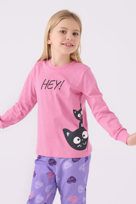 Rolypoly Kız Çocuk Bisiklet Yaka Pigment Baskılı Kışlık Regular Fit Pembe Pijama Takımı RP3466-C-V2 - 2