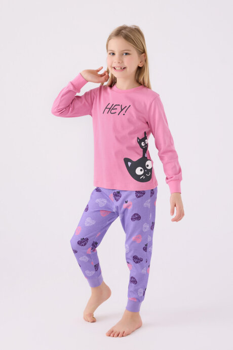 Rolypoly Kız Çocuk Bisiklet Yaka Pigment Baskılı Kışlık Regular Fit Pembe Pijama Takımı RP3466-C-V2 - 3