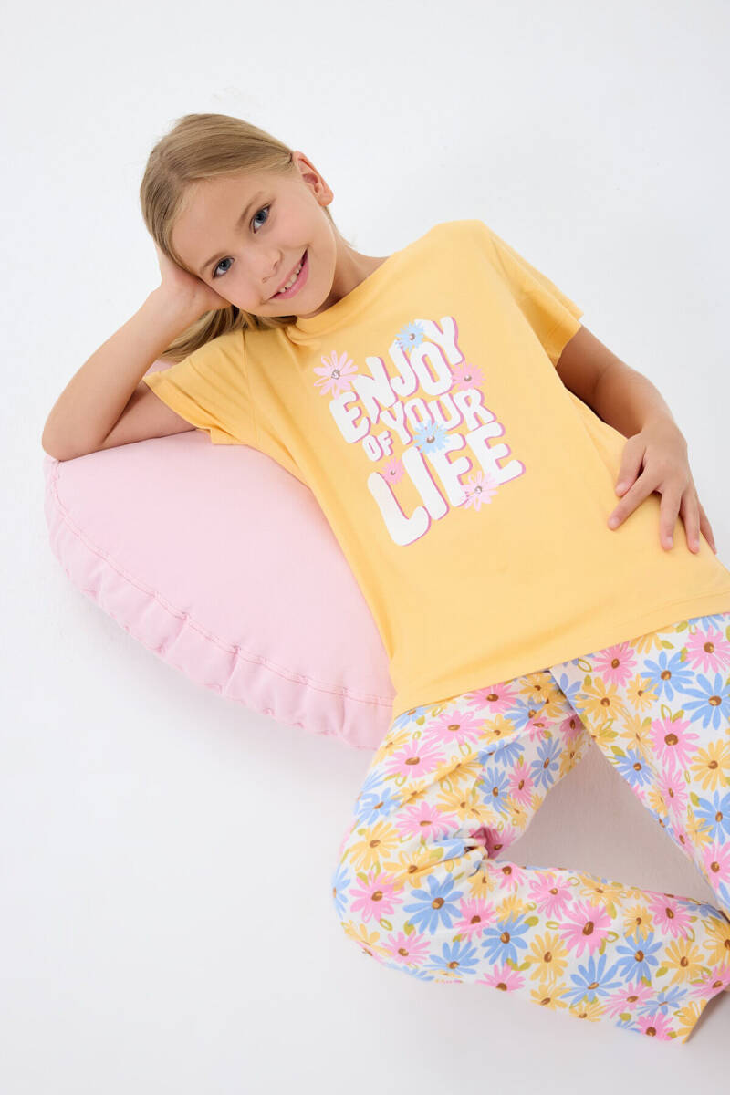 Rolypoly Kız Çocuk Bisiklet Yaka Baskılı Yazlık Regular Fit Sarı Pijama Takımı RP3782-C-V2 - 2