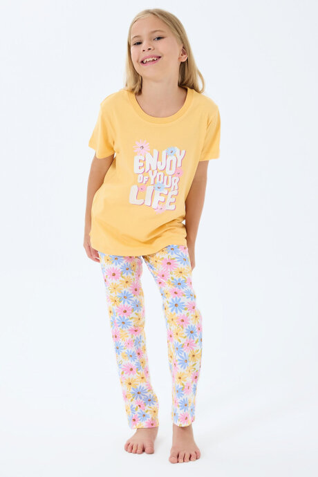 Rolypoly Kız Çocuk Bisiklet Yaka Baskılı Yazlık Regular Fit Sarı Pijama Takımı RP3782-C-V2 - 3