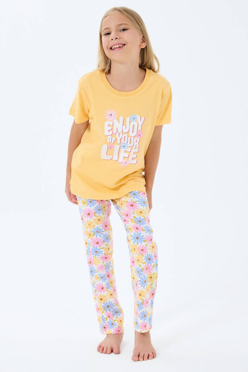 Rolypoly Kız Çocuk Bisiklet Yaka Baskılı Yazlık Regular Fit Sarı Pijama Takımı RP3782-C-V2 - 3