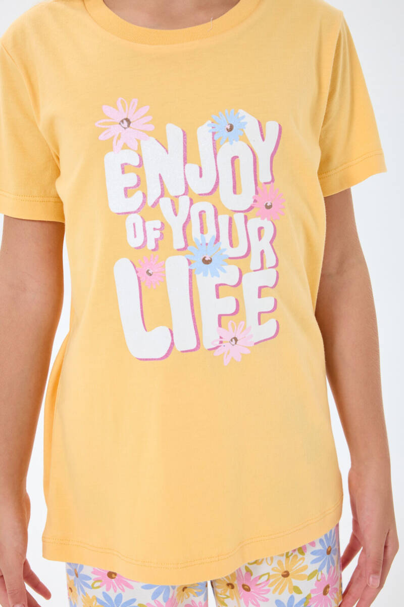 Rolypoly Kız Çocuk Bisiklet Yaka Baskılı Yazlık Regular Fit Sarı Pijama Takımı RP3782-C-V2 - 5