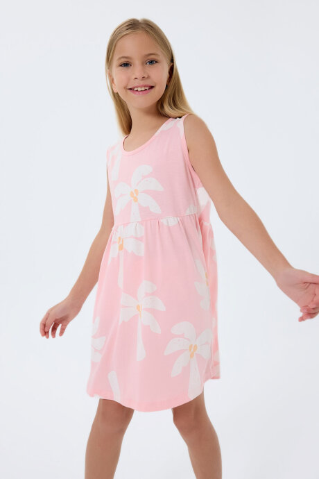 Rolypoly Kız Çocuk %100 Pamuk Bisiklet Yaka Baskılı Yazlık Regular Fit Pembe Elbise RP3781-C-V2 - 5