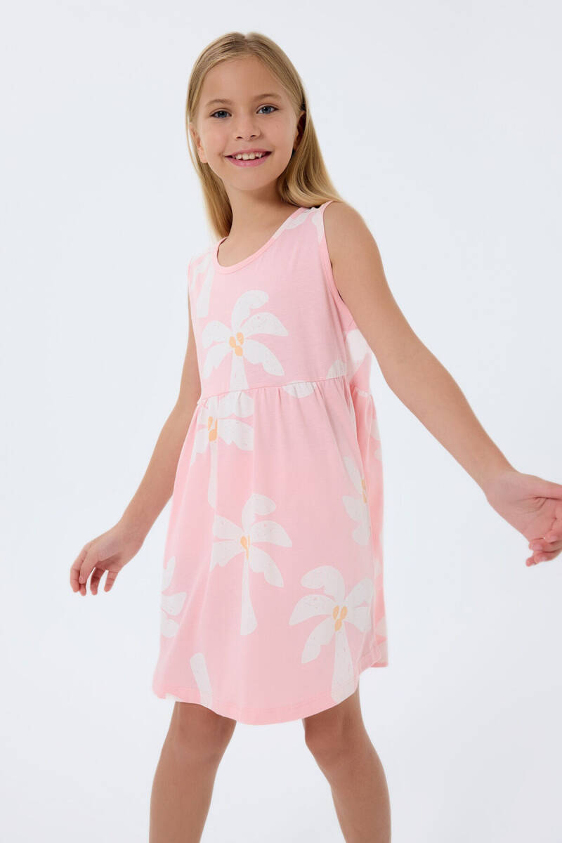 Rolypoly Kız Çocuk %100 Pamuk Bisiklet Yaka Baskılı Yazlık Regular Fit Pembe Elbise RP3781-C-V2 - 5