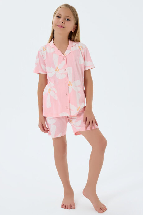 Rolypoly Kız Çocuk %100 Pamuk Gömlek Yaka Baskılı Yazlık Regular Fit Pembe Pijama Takımı RP3780-C-V2 - 2