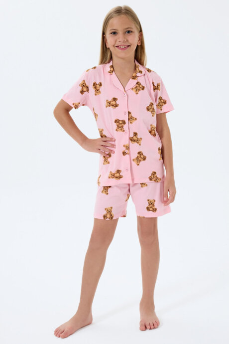 Rolypoly Kız Çocuk Gömlek Yaka Baskılı Yazlık Regular Fit Pembe Pijama Takımı RP3818-C-V2 - 1