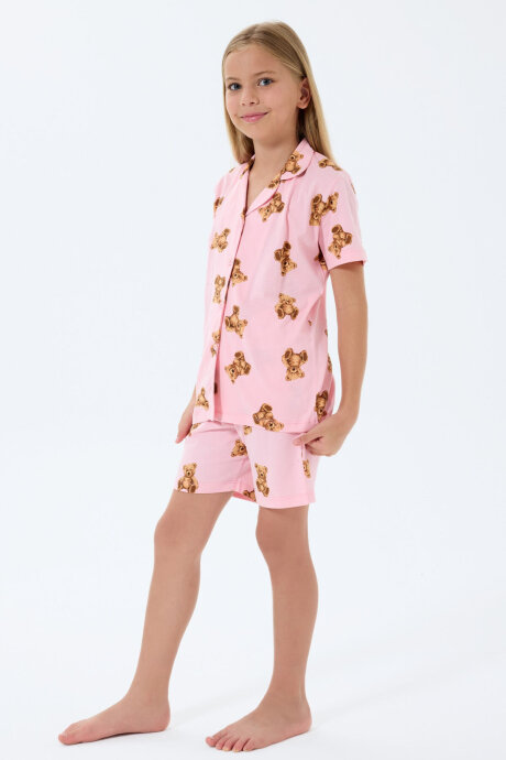 Rolypoly Kız Çocuk Gömlek Yaka Baskılı Yazlık Regular Fit Pembe Pijama Takımı RP3818-C-V2 - 3
