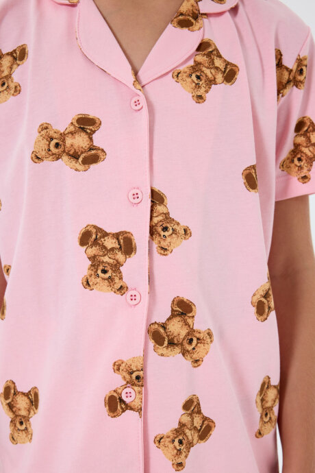 Rolypoly Kız Çocuk Gömlek Yaka Baskılı Yazlık Regular Fit Pembe Pijama Takımı RP3818-C-V2 - 5