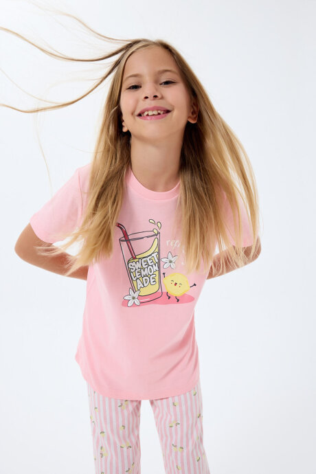 Rolypoly Kız Çocuk Bisiklet Yaka Baskılı Yazlık Regular Fit Pembe Pijama Takımı RP3776-C-V2 (1)